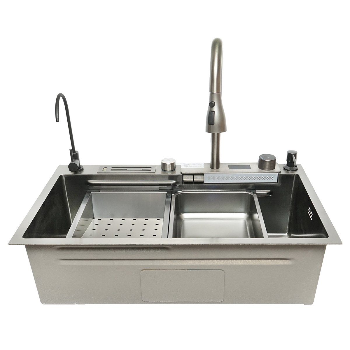 Chiuveta bucatarie multifunctionala cu doua baterii, otel inoxidabil, afisaj digital temperatura, functie cascada, dozator sapun, scurgator, tava, tocator si accesorii scurgere incluse, dimensiune 75x46x23.5cm